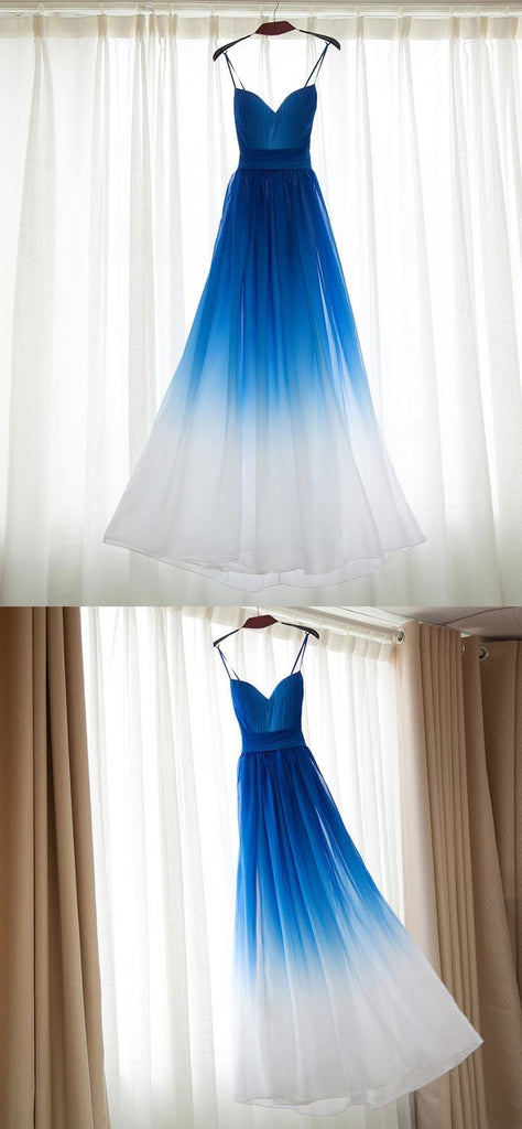 Ombre Blue Chiffon Sweetheart Neckline Long Evening Prom Dresses, Popular Cheap Long Custom Party Prom Dresses, 17314