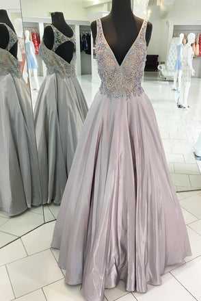 Open Back Grey Beaded V Neck Long Evening Prom Dresses, 17516