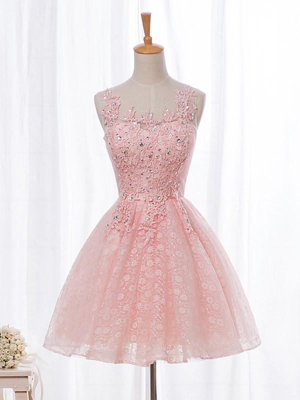 Open Back Pink Lace Beaded Short Homecoming Prom Dresses, Affordable Short Party Prom Sweet 16 Dresses, Perfect Homecoming Cocktail Dresses, CM369