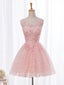 Open Back Pink Lace Beaded Short Homecoming Prom Dresses, Affordable Short Party Prom Sweet 16 Dresses, Perfect Homecoming Cocktail Dresses, CM369