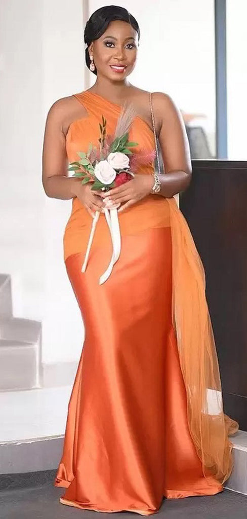 Orange Mermaid One Shoulder Cheap Long Bridesmaid Dresses,WG1256