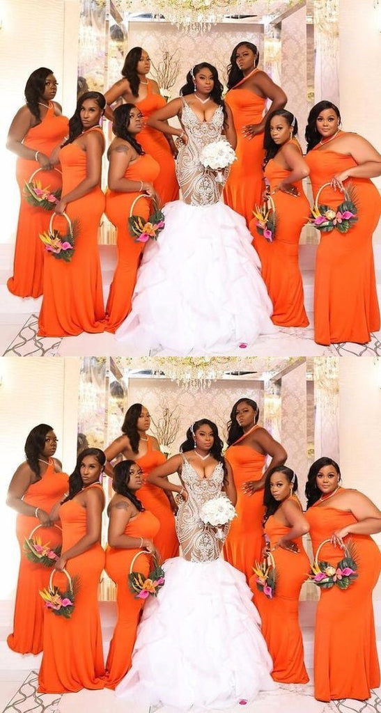 Orange Mermaid One Shoulder Cheap Long Bridesmaid Dresses,WG1335