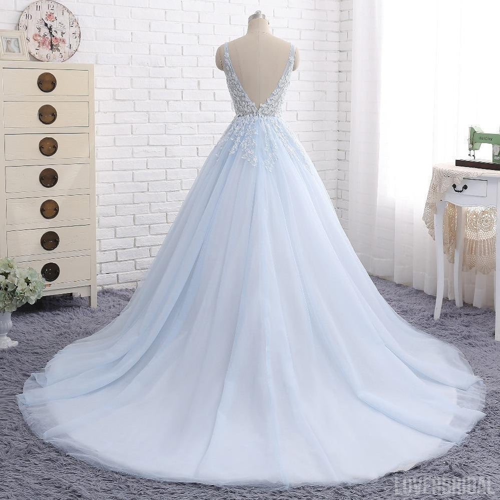 Pale Blue V Neckline A line Tulle Lace Beaded Evening Prom Dresses, Popular Sweet 16 Party Prom Dresses, Custom Long Prom Dresses, Cheap Formal Prom Dresses, 17171