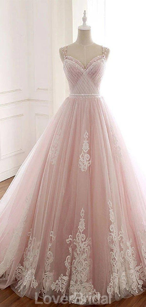 Pale Pink Lace Beaded A-line Long Evening Prom Dresses, Evening Party Prom Dresses, 12209