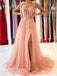 Peach Pink A-line High Slit See Through Long Prom Dresses Online,Dance Dresses,12479