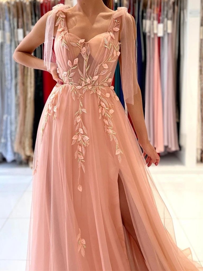 Peach Pink A-line High Slit See Through Long Prom Dresses Online,Dance Dresses,12479