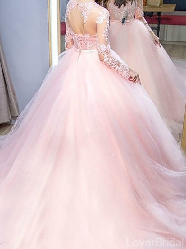 Pink A-line Long Sleeves Jewel Cheap Long Prom Dresses,Evening Party Dresses,12639