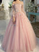 Pink A-line Off Shoulder Long Sleeves Floral Party Prom Dresses, Ball Gown Dresses,12341