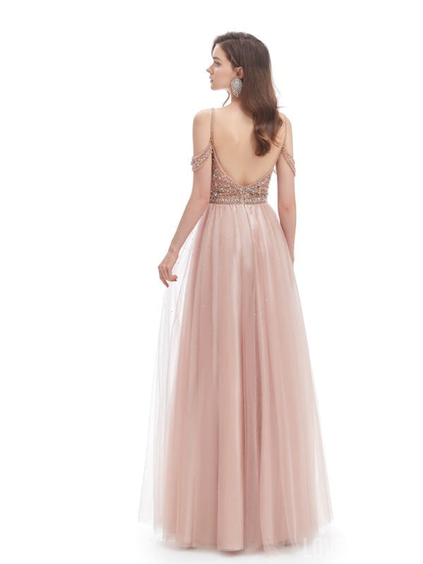 Pink A-line Off Shoulder Spaghetti Straps Backless Prom Dresses Online,12611