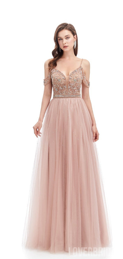 Pink A-line Off Shoulder Spaghetti Straps Backless Prom Dresses Online,12611