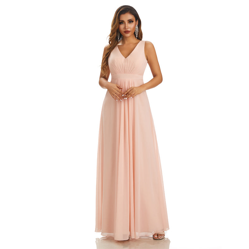 Pink A-line Straps V-neck Cheap Chiffon Long Bridesmaid Dresses,WG1421