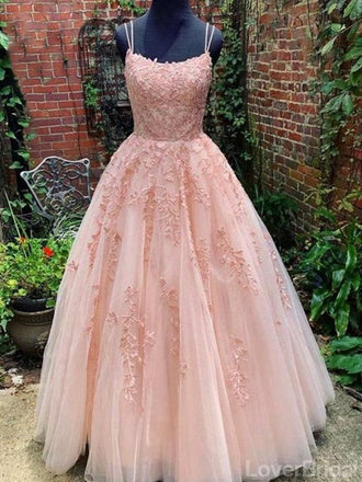 Pink Lace A-line Spaghetti Straps Cheap Long Prom Dresses Online,12617