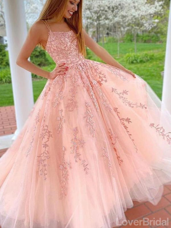 Pink Lace A-line Spaghetti Straps Cheap Long Prom Dresses Online,12617