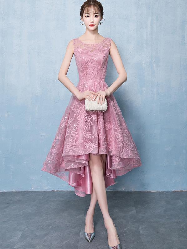 Pink Lace Scoop High Low Cheap Homecoming Dresses Online, CM694