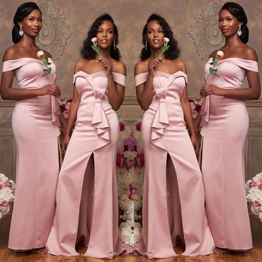 Pink Mermaid Off Shoulder Side Slit Cheap Long Bridesmaid Dresses Online,WG985