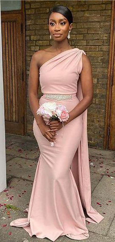 Pink Mermaid One Shoulder Cheap Long Bridesmaid Dresses,WG1291