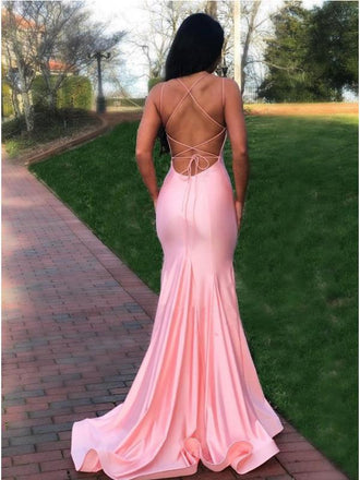 Pink Mermaid Spaghetti Straps V-neck Backless Long Prom Dresses Online,12414
