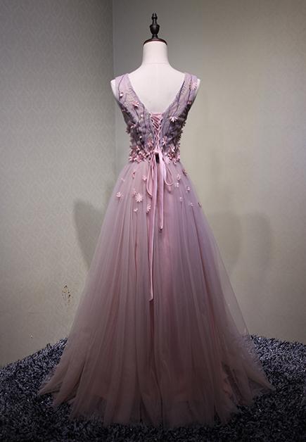 Pink See Through V Neck A-line Tulle Long Evening Prom Dresses, 17616