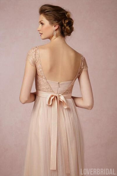 Popular Cap Sleeve Lace Top Long Elegant Bridesmaid Dresses, Cheap Tulle Prom Dress Gown WG01