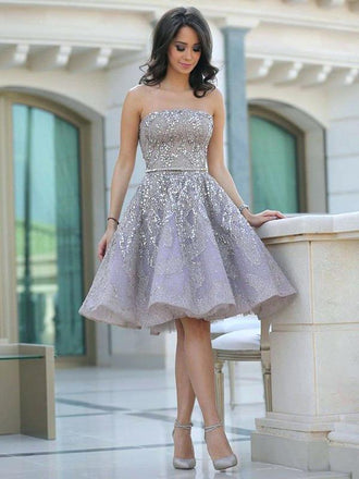 Popular Grey strapless Gorgeous Straight Neck A-line homecoming prom gown dress,BD00151