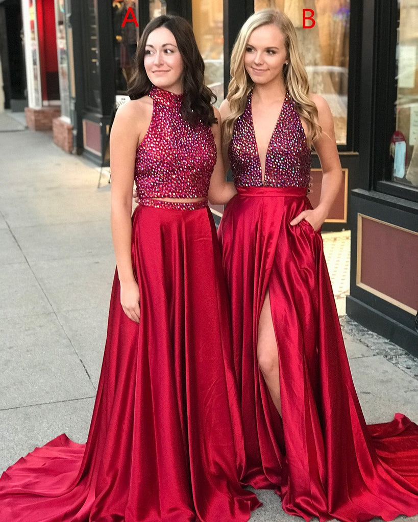 Popular Red Rhinestone Beaded A-line Long Evening Prom Dresses, 17564