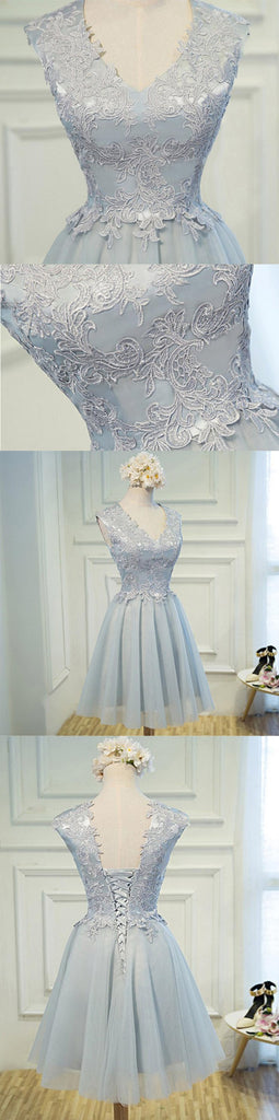 Popular V Neckline Gray Lace Tulle Short Homecoming Prom Dresses, Affordable Short Party Prom Sweet 16 Dresses, Perfect Homecoming Cocktail Dresses, CM365