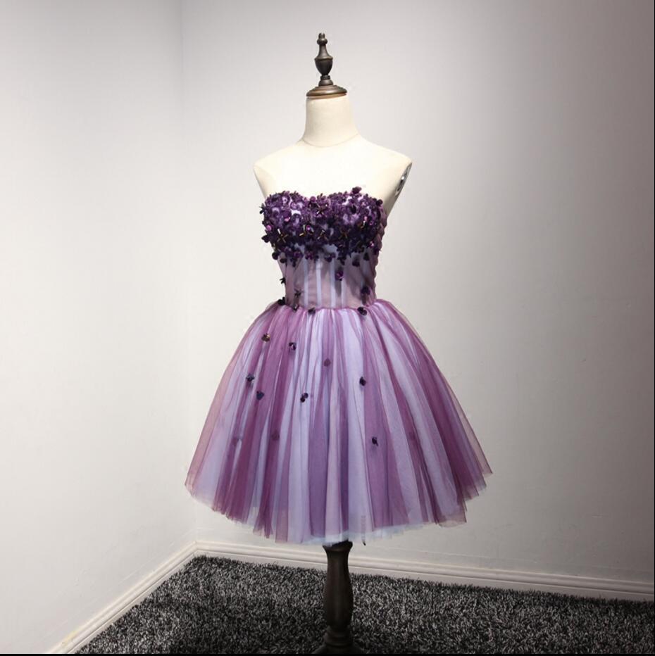 Purple Strapless Lace Homecoming Prom Dresses, Affordable Short Party Corset Back Prom Dresses, Perfect Homecoming Dresses, CM214