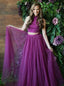 Purple Two Pieces Side Slit Halter Tulle Long Evening Prom Dresses, 17610