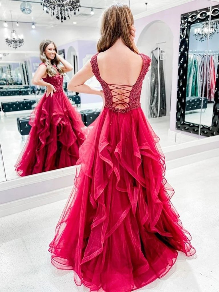 Red A-line Jewel Backless Long Prom Dresses Online,Dance Dresses,12474