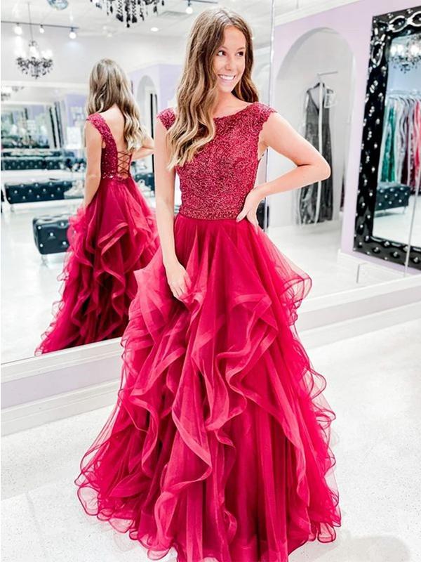 Red A-line Jewel Backless Long Prom Dresses Online,Dance Dresses,12474