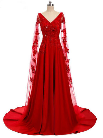 Red A-line Long Sleeves V-neck Cheap Prom Dresses Online,Dance Dresses,12388