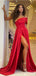 Red A-line One Shoulder High Slit Cheap Long Prom Dresses Online,12645