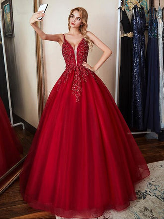Red A-line Spaghetti Straps V-neck Long Prom Dresses Online, Dance Dresses,12381