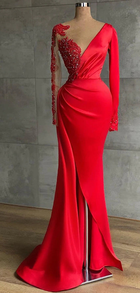 Red Mermaid Long Sleeves V-neck Cheap Long Prom Dresses,12679