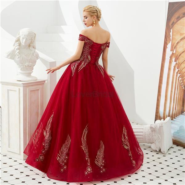 Red Off Shoulder A-line Long Evening Prom Dresses, Evening Party Prom Dresses, 12127