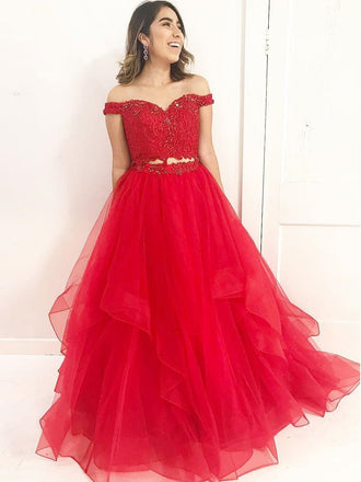 Red Off Shoulder Lace Two Pieces A line Long Custom Evening Prom Dresses, 17443