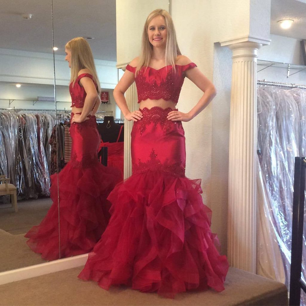 Red Off Shoulder Two Pieces Mermaid Long Evening Prom Dresses, 17568