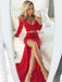 Red Two Pieces Side Slit Long Sleeve Long Evening Prom Dresses, 17705