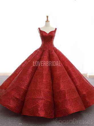 Red V Neck Sparkly Ball Gown Evening Prom Dresses, Evening Party Prom Dresses, 12264