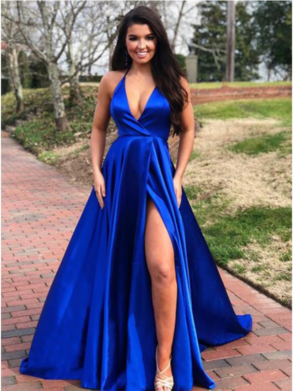 Royal Blue A-line V-neck High Slit Cheap Long Prom Dresses Online,12411