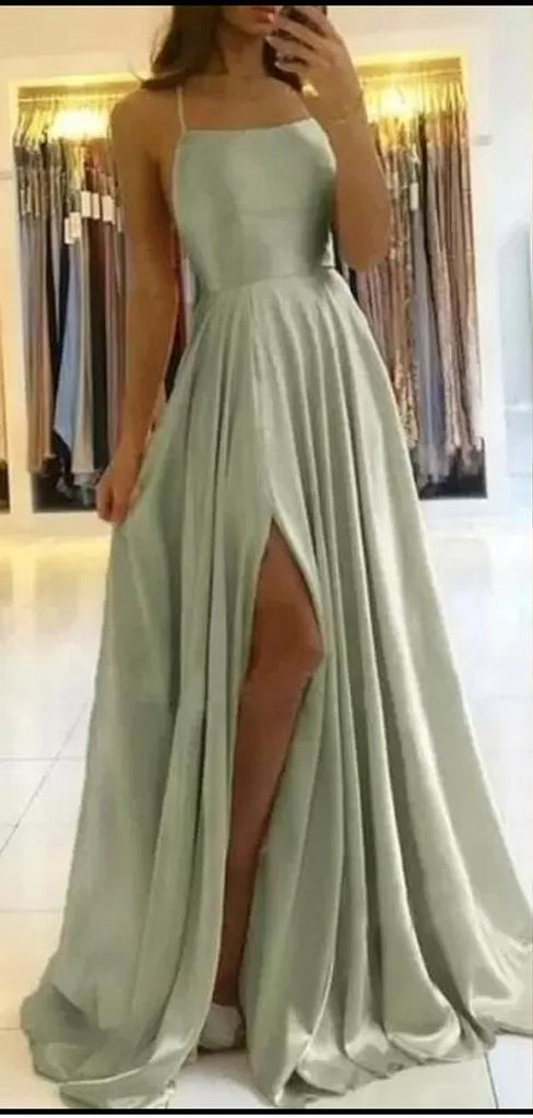 Sage A-line Spaghetti Straps High Slit Cheap Long Prom Dresses Online,12709