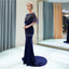 Scoop Navy Beaded 1/2 Long Sleeves Mermaid Evening Prom Dresses, Evening Party Prom Dresses, 12029