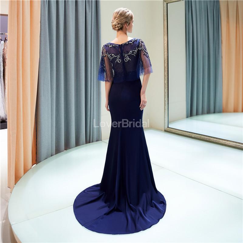 Scoop Navy Beaded 1/2 Long Sleeves Mermaid Evening Prom Dresses, Evening Party Prom Dresses, 12029