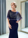 Scoop Navy Beaded 1/2 Long Sleeves Mermaid Evening Prom Dresses, Evening Party Prom Dresses, 12029