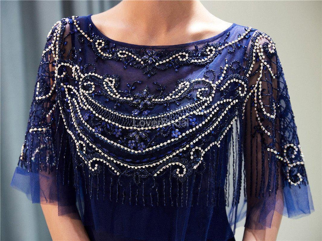 Scoop Navy Beaded 1/2 Long Sleeves Mermaid Evening Prom Dresses, Evening Party Prom Dresses, 12029