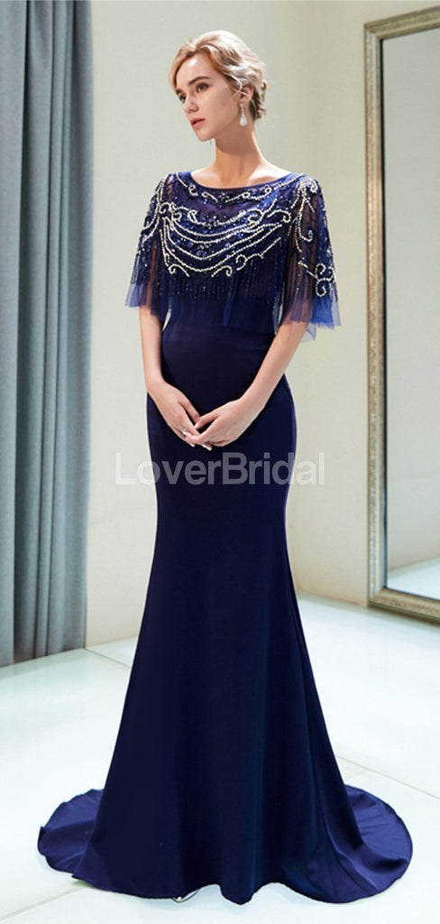 Scoop Navy Beaded 1/2 Long Sleeves Mermaid Evening Prom Dresses, Evening Party Prom Dresses, 12029