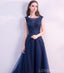 Scoop Navy Lace Beaded Long Evening Prom Dresses, Cheap Custom Sweet 16 Dresses, 18525