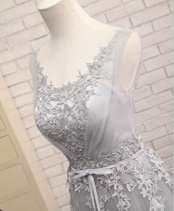 Scoop Neckline Gray Lace Evening Prom Dresses, Popular Lace Party Prom Dresses, Custom Long Prom Dresses, Cheap Formal Prom Dresses, 17183