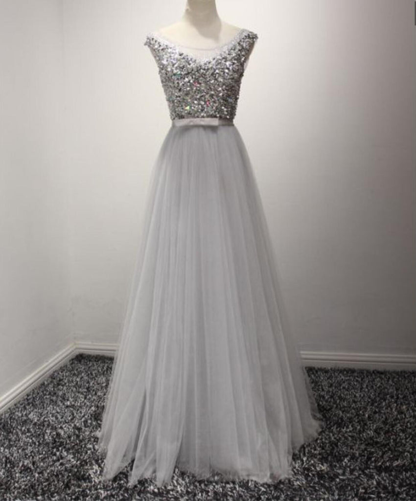 Scoop Neckline Heavily Beaded Formal Fashion Gray Tulle Evening Prom Dresses, Cheap Party Prom Dresses, Custom Long Prom Dresses, Cheap Formal Prom Dresses, 17145