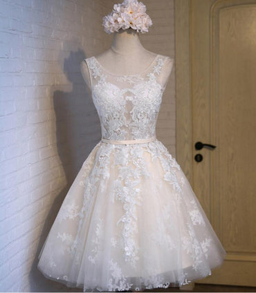 Scoop Neckline Short Ivory Lace Cute Homecoming Prom Dresses, Affordable Short Party Prom Dresses, Perfect Homecoming Dresses, CM301